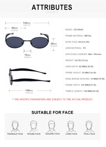 Detailed size chart of oval sunglasses with frame measurements and face shape compatibility