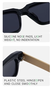 Detail of lightweight silicone nose pads and smooth golden hinges on square sunglasses