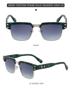 Front and 45 degree side view of green tortoise square sunglasses with gold metal frame