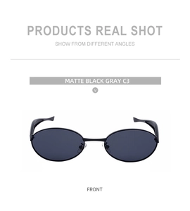 Front view of matte black oval metal sunglasses with gray lenses in high quality design