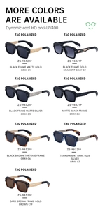 Detail view showing seven color variants of square polarized sunglasses with metal accents