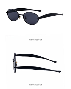 Detailed side views of oval black sunglasses showing the 45 and 90 degree frame profile