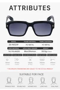 Detailed size chart for square polarized sunglasses with precise frame measurements