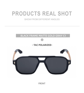 Détail de lunettes de soleil polarisées carrées avec branches en métal doré mat et verres TAC