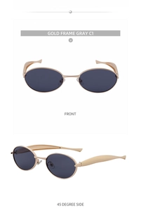 Detail view of oval sunglasses with gold frame and gray lenses from front and side angles