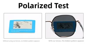 Polarized lens test showing glare reduction on fishing scene card with square sunglasses