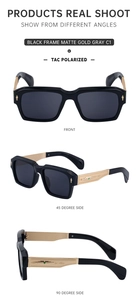 Three-angle views of square polarized sunglasses with engraved gold metal temples