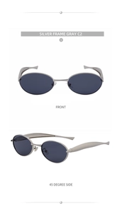 Front and 45-degree side views of silver oval sunglasses with futuristic metal frame