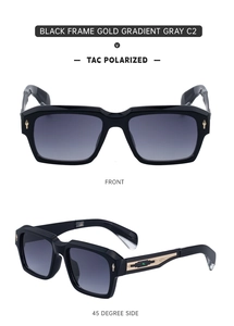 Detail view of square black frames with gradient gray TAC polarized lenses and gold accents