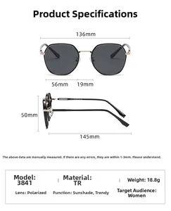 Detailed size specifications for square frame polarized sunglasses with dimensions for women