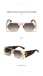 Detailansicht der quadratischen Gold-Sonnenbrille mit braunem Verlauf und Schildpatt-Bügel