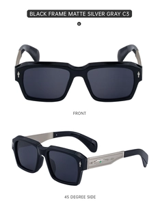 Detail of square polarized sunglasses with engraved silver metal temples and green accents
