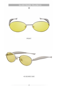 Detail view of oval silver metal frame sunglasses with transparent yellow lenses