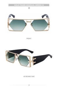 Detailansicht der quadratischen hohlen Metallsonnenbrille mit grünen Verlaufsgläsern