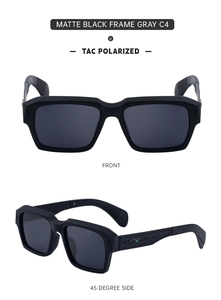 Front and 45-degree views of square matte black polarized sunglasses with wide temples