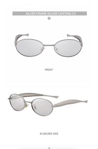 Front and 45-degree side view of oval silver sunglasses with wide metal temples