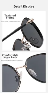 Detail of square polarized sunglasses featuring metal hinges and soft nose pads