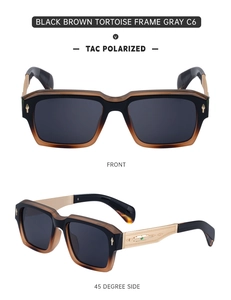 Detail of square polarized sunglasses with tortoiseshell frames and gold engraved temples