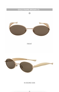 Front and 45-degree side views of oval gold metal sunglasses with brown lenses