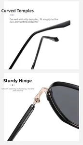 Close-up of polarized sunglasses showing gold metal hinge and model 3041 engravings