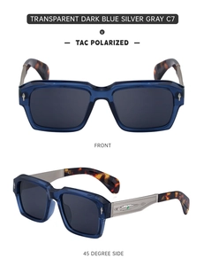 Detailed view of square polarized sunglasses with blue frames and engraved metal temples