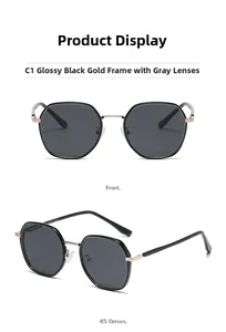 Front and 45-degree angle views of black and gold square polarized sunglasses with gray lenses