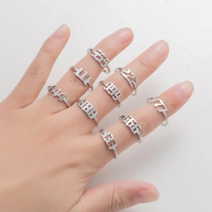 Set of 9 silver stainless steel angel number rings with hollow numeric cutout designs