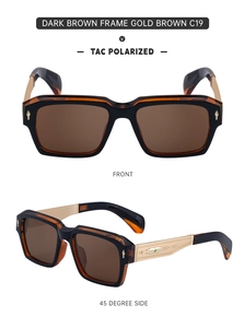 Detailed front and side views of vintage square polarized sunglasses with engraved metal temples