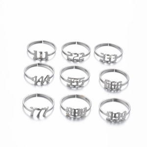 Detailed set of nine silver stainless steel angel number rings with adjustable bands