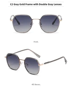 Macro detail of square polarized sunglasses with gray gradient lenses and gold metal frame