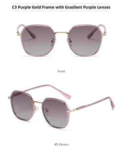 Detailed views showing square purple and gold metal frame sunglasses with gradient lenses