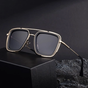 Mens vintage square sunglasses with gold metal double bridge frame and black lenses