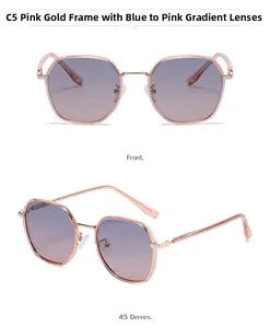 Front and 45-degree angle views of pink-gold square polarized sunglasses for women