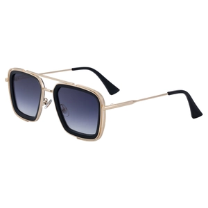 Chic square metal sunglasses with double bridge and gradient blue-grey lenses