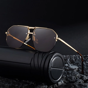 Men's fashion semi-rimless aviator sunglasses with gold metal frame and black lenses