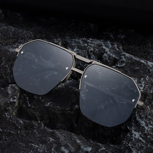 Retro pilot sunglasses with grey octagonal lenses and double-bridge gunmetal frame