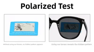 Polarized lens test showing a hidden fish pattern on the card through square sunglasses