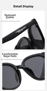 Detail of square polarized sunglasses with metallic temple hinges and integrated nose pads