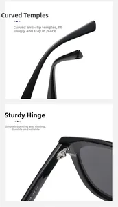 Detail view of curved temples and sturdy metal hinges on black polarized sunglasses