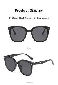 Detail view of square black polarized sunglasses with grey lenses in front and side views