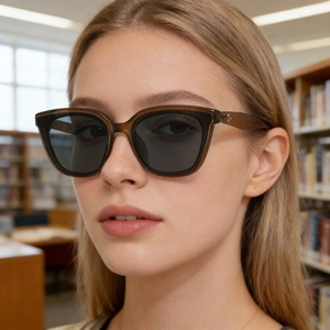 Gros plan de lunettes de soleil œil de chat polarisées avec monture marron sur un modèle