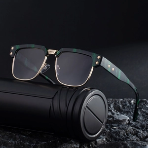 Retro square polarized sunglasses with green marble pattern frames and gold metal accents