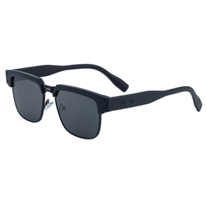 Classic matte black semi-rimless polarized sunglasses with triple rivet detail on temple