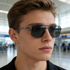 Detail view of square polarized sunglasses with gunmetal frame and double bridge on model