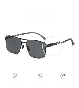 Detail of square polarized sunglasses with metal double bridge and hollow temple design