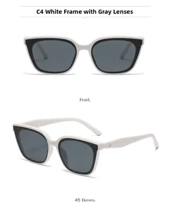 Vues de face et à 45 degrés de lunettes de soleil œil-de-chat blanches à verres gris