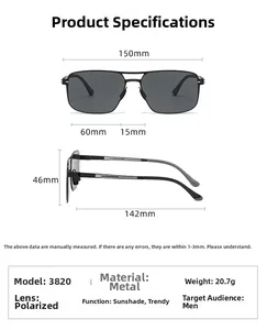 Detailed size specifications for square nylon polarized men's sunglasses with metal temples