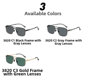 Detail of square polarized sunglasses with metallic temples in black, grey, and gold frames