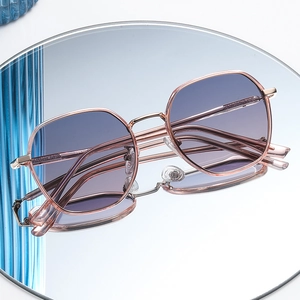 Chic women's square polarized sunglasses with rose gold frame and blue gradient lenses
