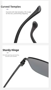 Detail of polarized sunglasses showing anti-slip curved temples and durable metal hinges